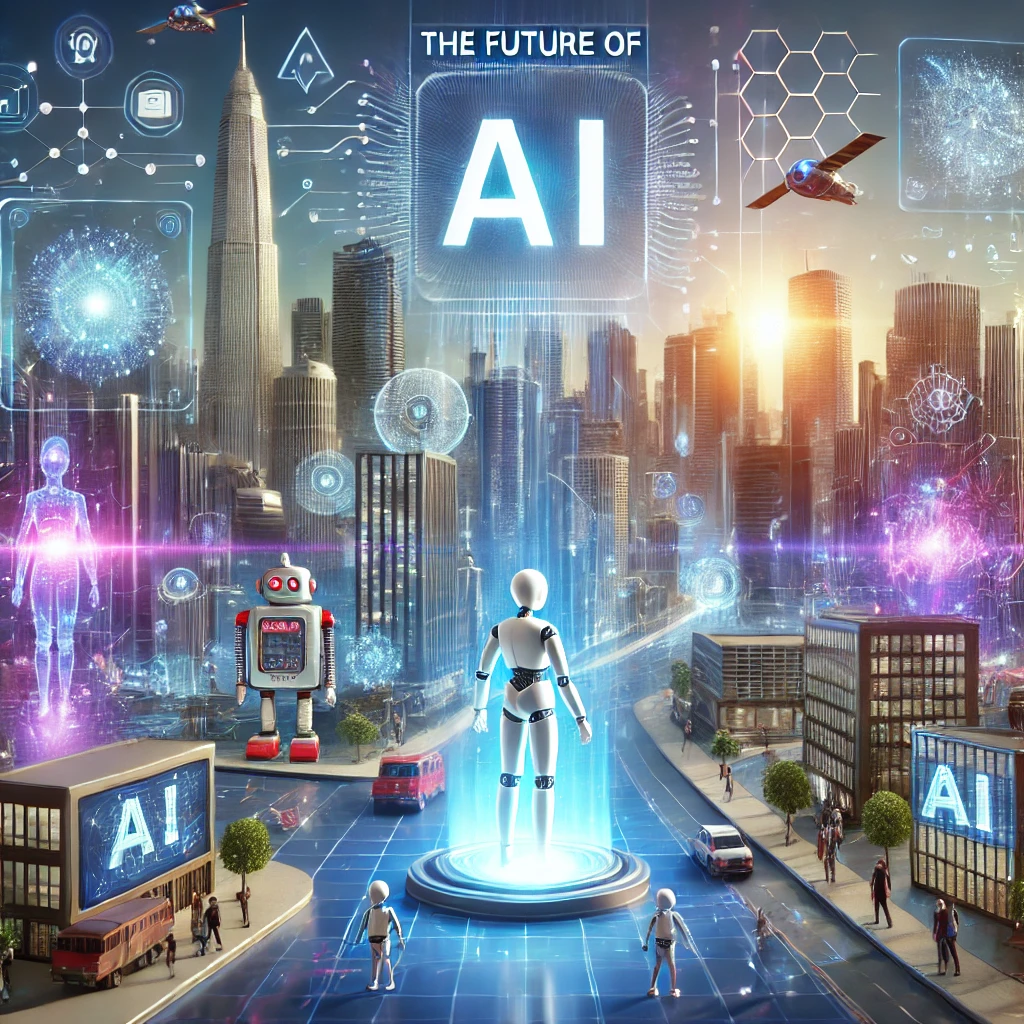 The image represents a futuristic world where AI and technology harmoniously enhance human life with innovation and progress.