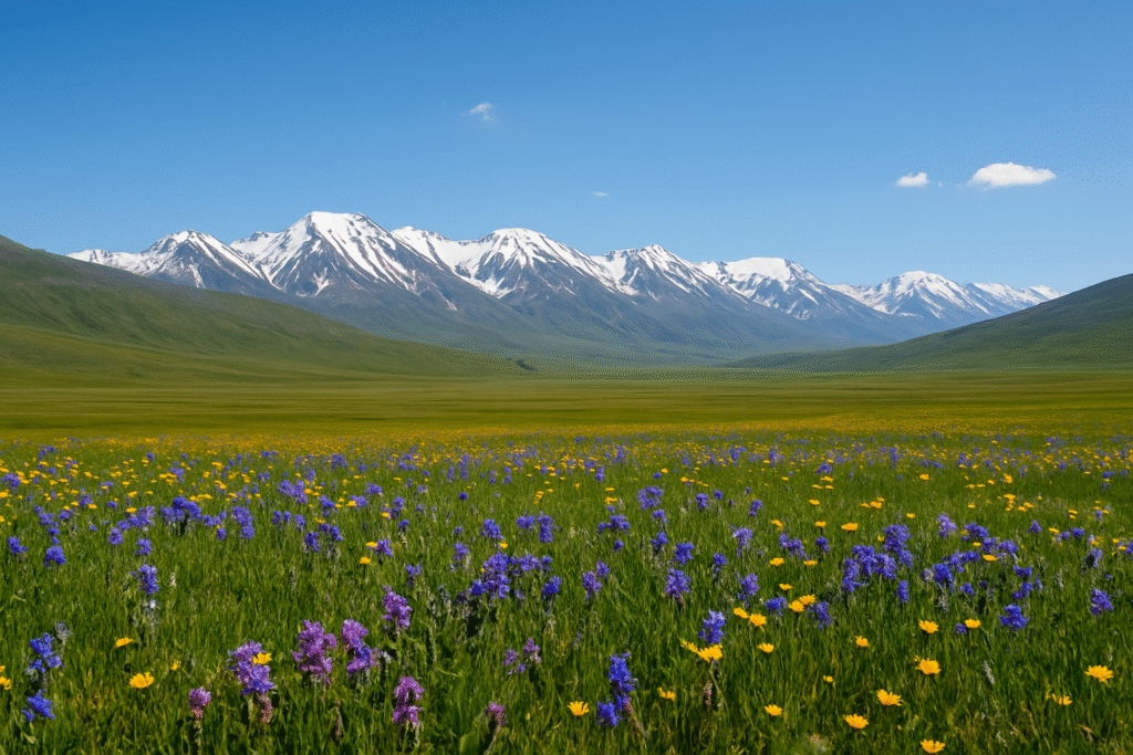 Deosai National Park's expansive plains with wildflowers and mountain backdrop.