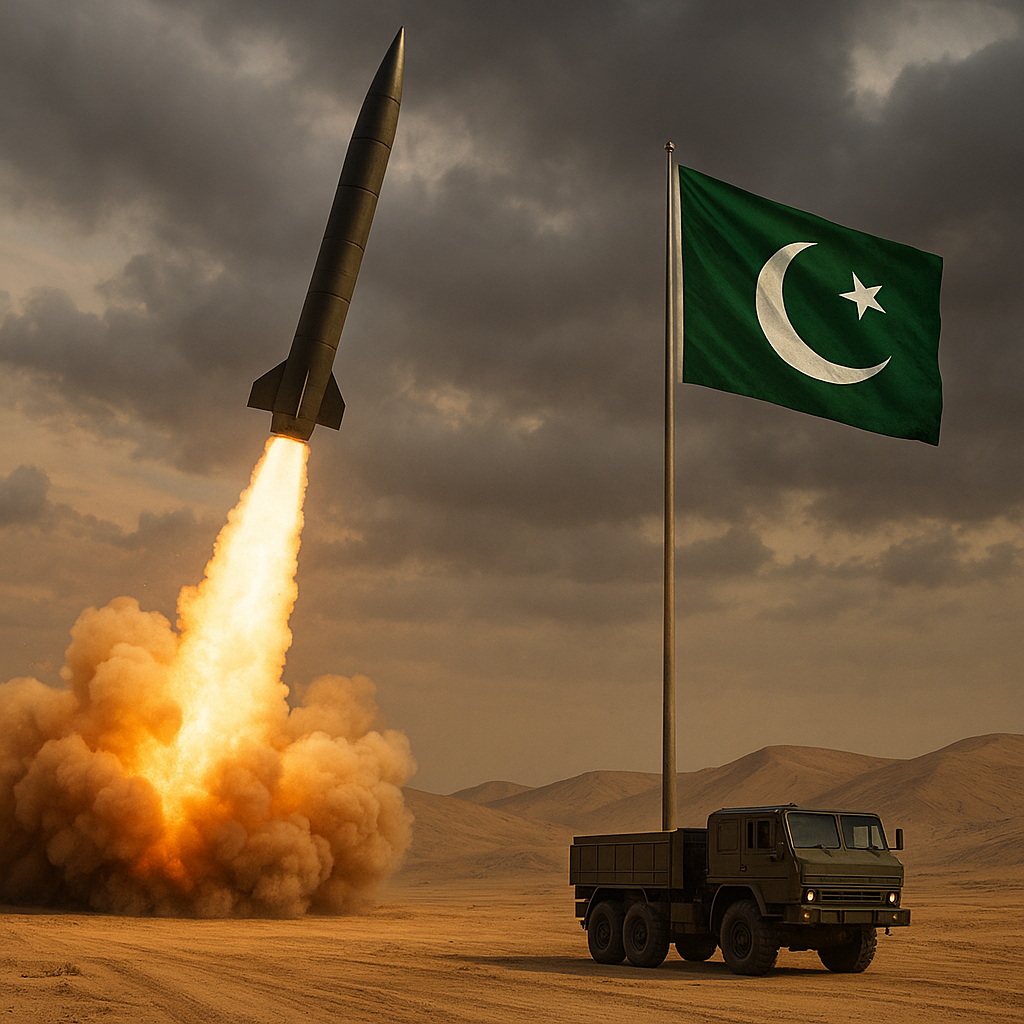 A Pakistani ballistic missile launches from a desert site, with flames and smoke trailing behind. A military truck stands nearby and the national flag of Pakistan waves against a dramatic, cloudy sky.