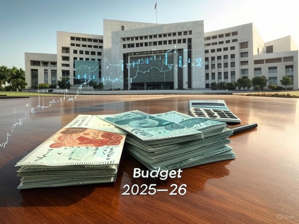 Pakistan Budget 2025–26 concept showing government planning, rising inflation, tax documents, salary expectations, and public demand in a financial theme.