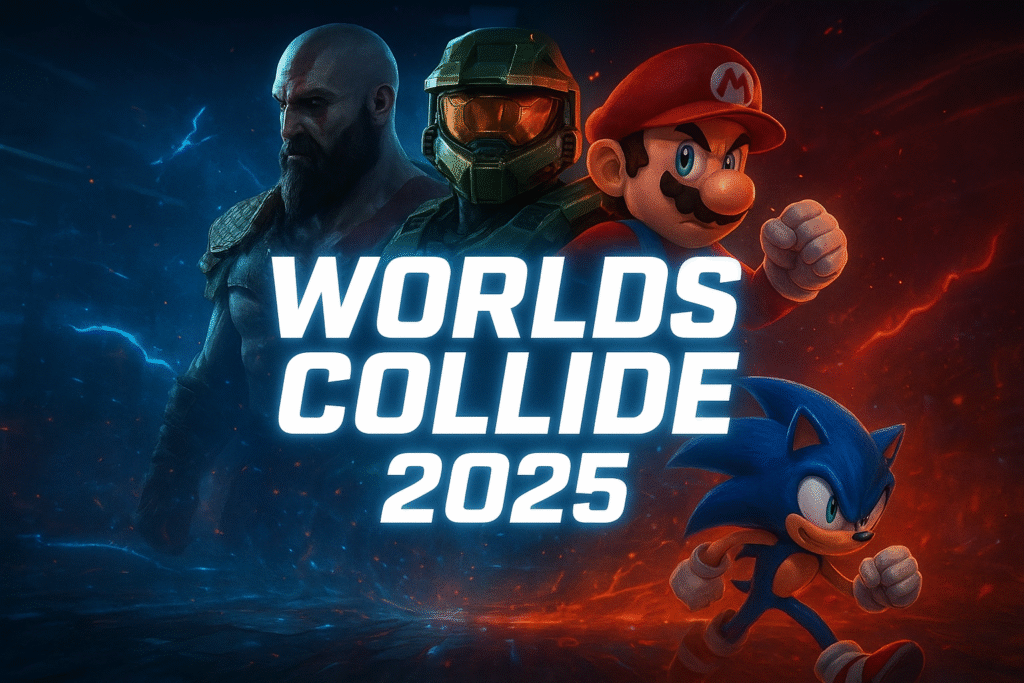 Worlds Collide 2025 official crossover game poster featuring popular gaming characters